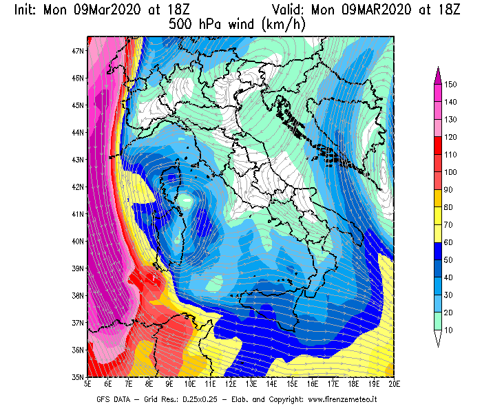 Mappa di analisi GFS - Velocità del vento a 500 hPa [km/h] in Italia
							del 09/03/2020 18 <!--googleoff: index-->UTC<!--googleon: index-->