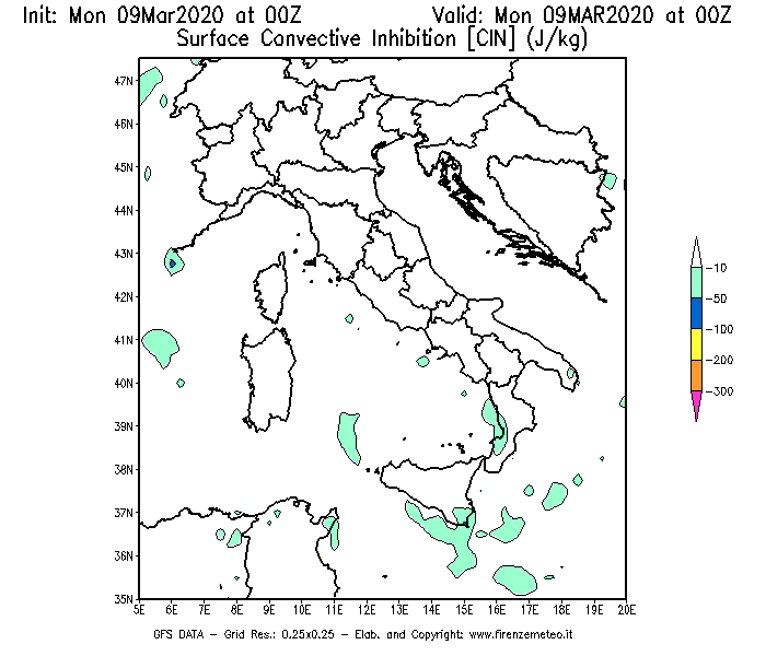 Mappa di analisi GFS - CIN [J/kg] in Italia
							del 09/03/2020 00 <!--googleoff: index-->UTC<!--googleon: index-->
