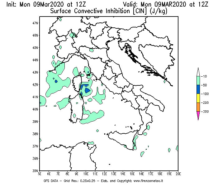 Mappa di analisi GFS - CIN [J/kg] in Italia
							del 09/03/2020 12 <!--googleoff: index-->UTC<!--googleon: index-->