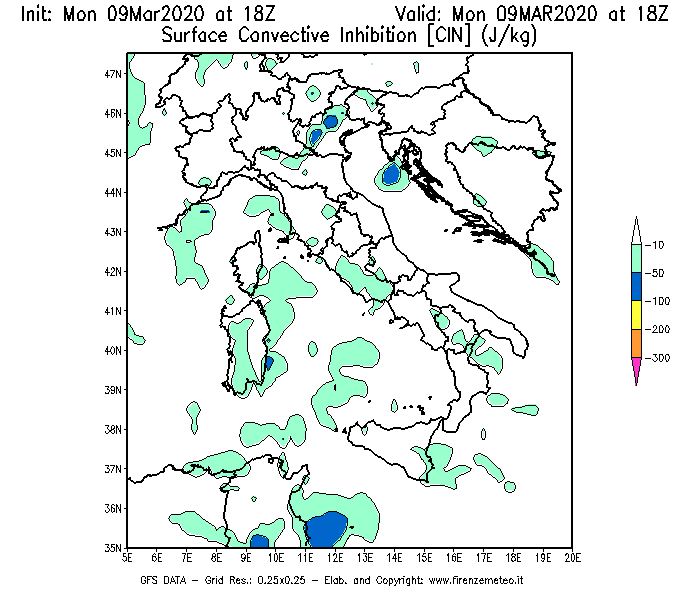 Mappa di analisi GFS - CIN [J/kg] in Italia
							del 09/03/2020 18 <!--googleoff: index-->UTC<!--googleon: index-->