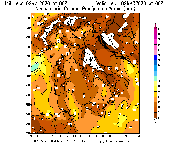 Mappa di analisi GFS - Precipitable Water [mm] in Italia
							del 09/03/2020 00 <!--googleoff: index-->UTC<!--googleon: index-->