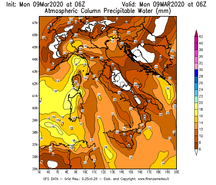 Mappa di analisi GFS - Precipitable Water [mm] in Italia
							del 09/03/2020 06 <!--googleoff: index-->UTC<!--googleon: index-->