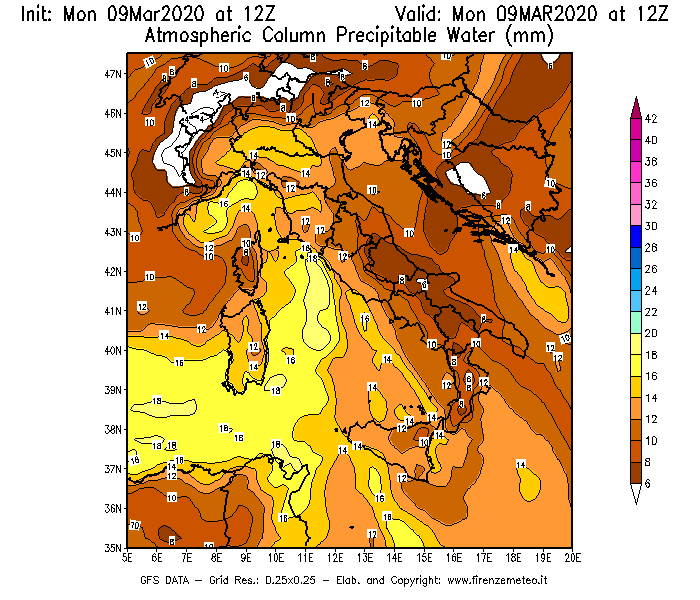 Mappa di analisi GFS - Precipitable Water [mm] in Italia
							del 09/03/2020 12 <!--googleoff: index-->UTC<!--googleon: index-->