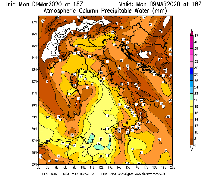 Mappa di analisi GFS - Precipitable Water [mm] in Italia
							del 09/03/2020 18 <!--googleoff: index-->UTC<!--googleon: index-->