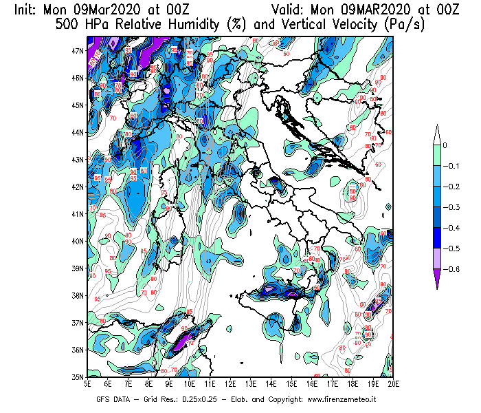 Mappa di analisi GFS - Umidità relativa [%] e Omega [Pa/s] a 500 hPa in Italia
							del 09/03/2020 00 <!--googleoff: index-->UTC<!--googleon: index-->