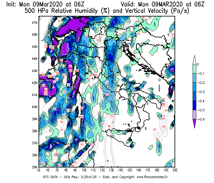 Mappa di analisi GFS - Umidità relativa [%] e Omega [Pa/s] a 500 hPa in Italia
							del 09/03/2020 06 <!--googleoff: index-->UTC<!--googleon: index-->