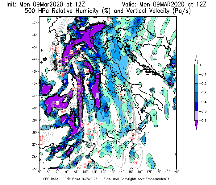 Mappa di analisi GFS - Umidità relativa [%] e Omega [Pa/s] a 500 hPa in Italia
							del 09/03/2020 12 <!--googleoff: index-->UTC<!--googleon: index-->
