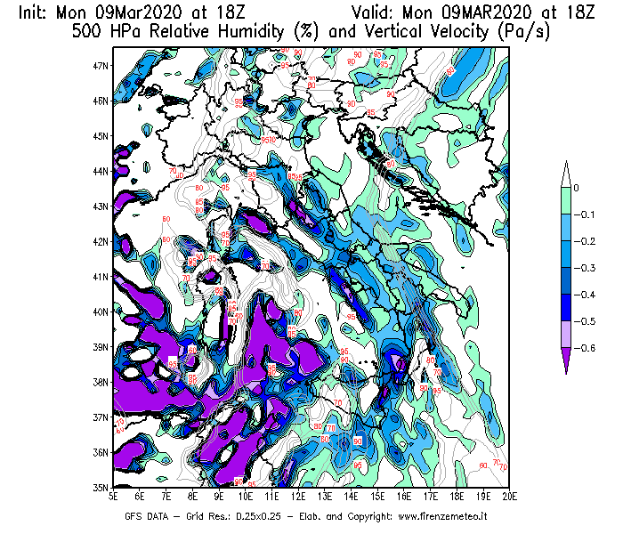Mappa di analisi GFS - Umidità relativa [%] e Omega [Pa/s] a 500 hPa in Italia
							del 09/03/2020 18 <!--googleoff: index-->UTC<!--googleon: index-->