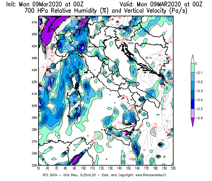 Mappa di analisi GFS - Umidità relativa [%] e Omega [Pa/s] a 700 hPa in Italia
							del 09/03/2020 00 <!--googleoff: index-->UTC<!--googleon: index-->