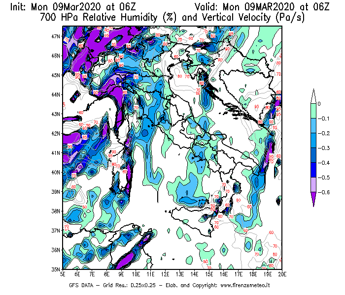 Mappa di analisi GFS - Umidità relativa [%] e Omega [Pa/s] a 700 hPa in Italia
							del 09/03/2020 06 <!--googleoff: index-->UTC<!--googleon: index-->