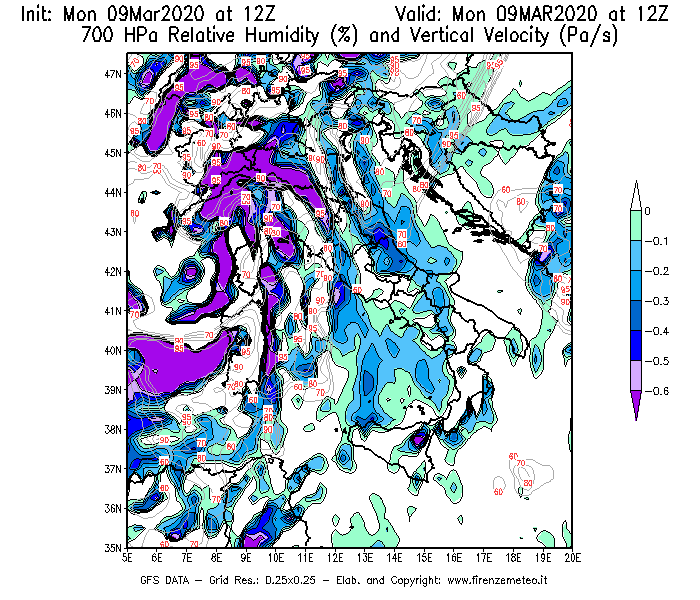 Mappa di analisi GFS - Umidità relativa [%] e Omega [Pa/s] a 700 hPa in Italia
							del 09/03/2020 12 <!--googleoff: index-->UTC<!--googleon: index-->