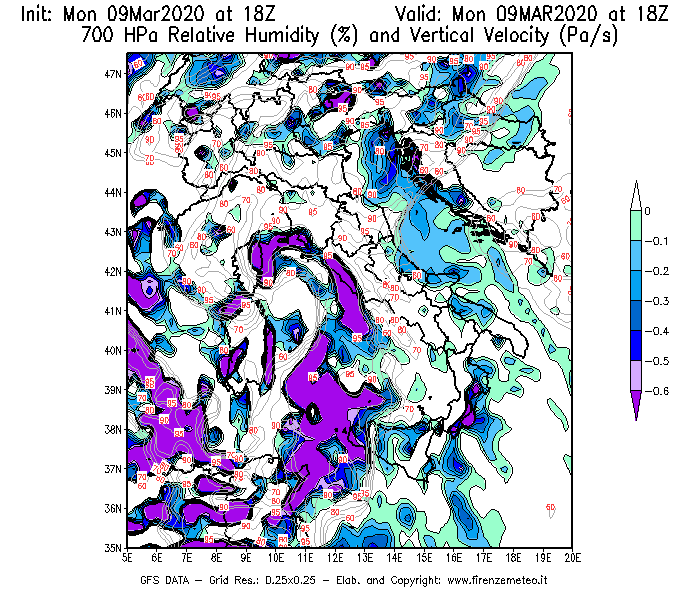 Mappa di analisi GFS - Umidità relativa [%] e Omega [Pa/s] a 700 hPa in Italia
							del 09/03/2020 18 <!--googleoff: index-->UTC<!--googleon: index-->