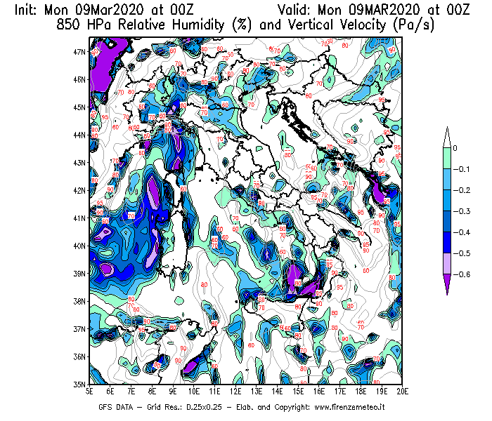 Mappa di analisi GFS - Umidità relativa [%] e Omega [Pa/s] a 850 hPa in Italia
							del 09/03/2020 00 <!--googleoff: index-->UTC<!--googleon: index-->