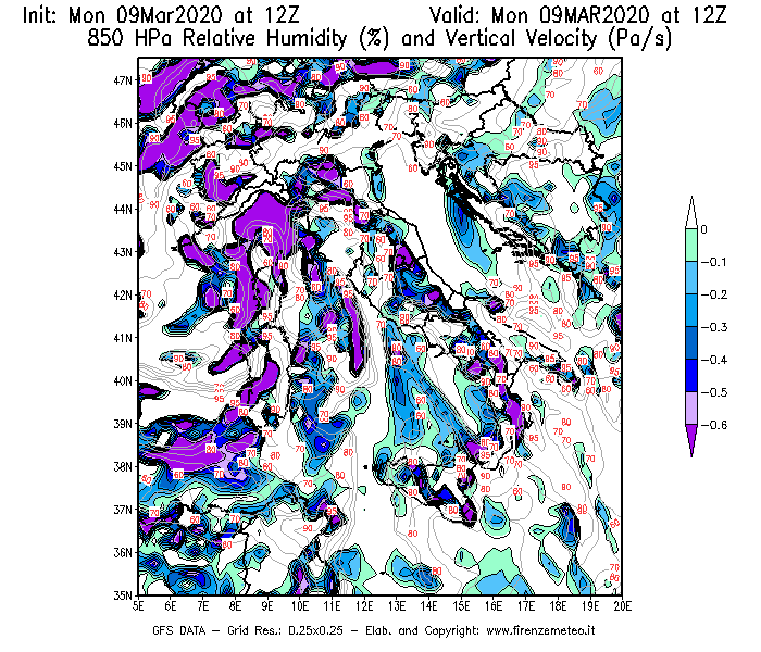 Mappa di analisi GFS - Umidità relativa [%] e Omega [Pa/s] a 850 hPa in Italia
							del 09/03/2020 12 <!--googleoff: index-->UTC<!--googleon: index-->
