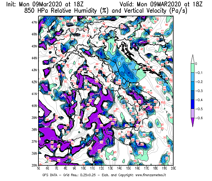 Mappa di analisi GFS - Umidità relativa [%] e Omega [Pa/s] a 850 hPa in Italia
							del 09/03/2020 18 <!--googleoff: index-->UTC<!--googleon: index-->