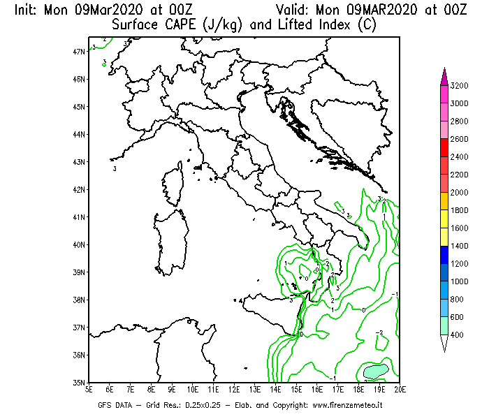 Mappa di analisi GFS - CAPE [J/kg] e Lifted Index [°C] in Italia
							del 09/03/2020 00 <!--googleoff: index-->UTC<!--googleon: index-->