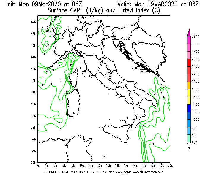 Mappa di analisi GFS - CAPE [J/kg] e Lifted Index [°C] in Italia
							del 09/03/2020 06 <!--googleoff: index-->UTC<!--googleon: index-->
