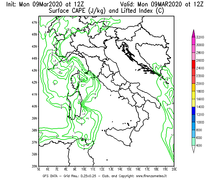 Mappa di analisi GFS - CAPE [J/kg] e Lifted Index [°C] in Italia
							del 09/03/2020 12 <!--googleoff: index-->UTC<!--googleon: index-->