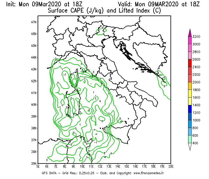 Mappa di analisi GFS - CAPE [J/kg] e Lifted Index [°C] in Italia
							del 09/03/2020 18 <!--googleoff: index-->UTC<!--googleon: index-->