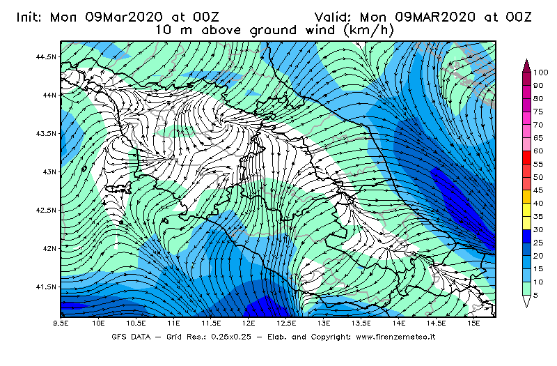 Mappa di analisi GFS - Velocità del vento a 10 metri dal suolo [km/h] in Centro-Italia
							del 09/03/2020 00 <!--googleoff: index-->UTC<!--googleon: index-->