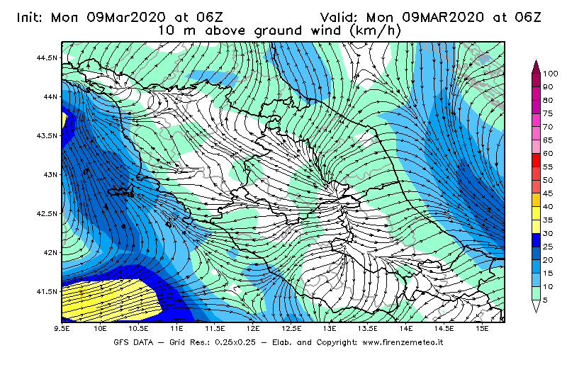 Mappa di analisi GFS - Velocità del vento a 10 metri dal suolo [km/h] in Centro-Italia
							del 09/03/2020 06 <!--googleoff: index-->UTC<!--googleon: index-->