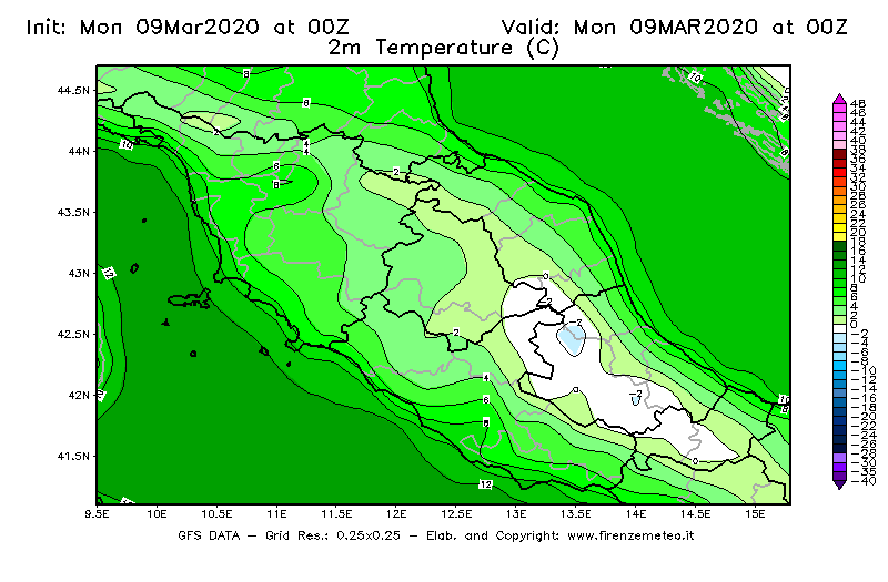 Mappa di analisi GFS - Temperatura a 2 metri dal suolo [°C] in Centro-Italia
							del 09/03/2020 00 <!--googleoff: index-->UTC<!--googleon: index-->