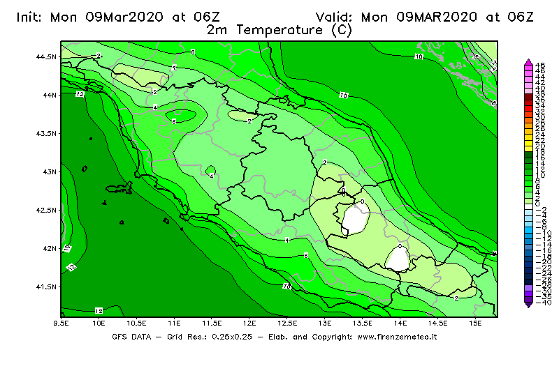 Mappa di analisi GFS - Temperatura a 2 metri dal suolo [°C] in Centro-Italia
							del 09/03/2020 06 <!--googleoff: index-->UTC<!--googleon: index-->