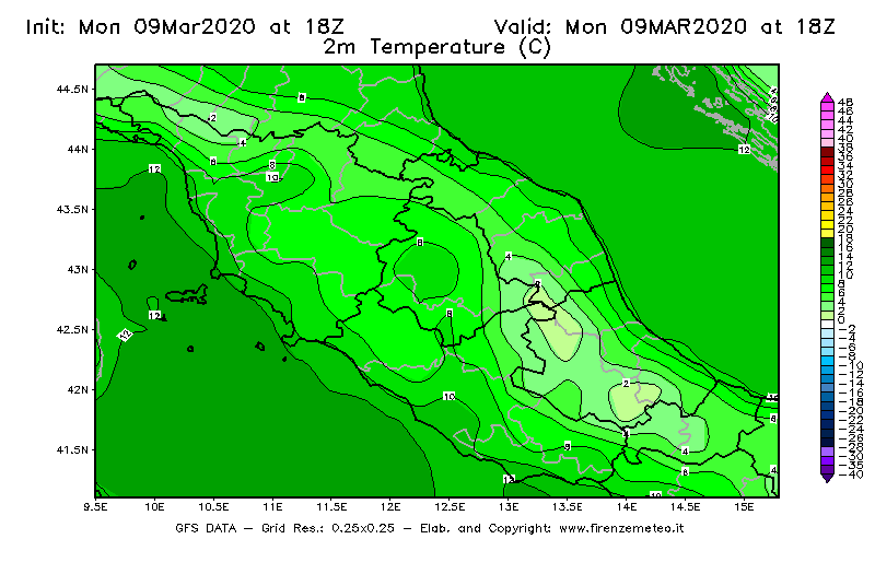 Mappa di analisi GFS - Temperatura a 2 metri dal suolo [°C] in Centro-Italia
							del 09/03/2020 18 <!--googleoff: index-->UTC<!--googleon: index-->