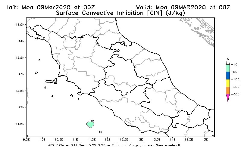 Mappa di analisi GFS - CIN [J/kg] in Centro-Italia
							del 09/03/2020 00 <!--googleoff: index-->UTC<!--googleon: index-->