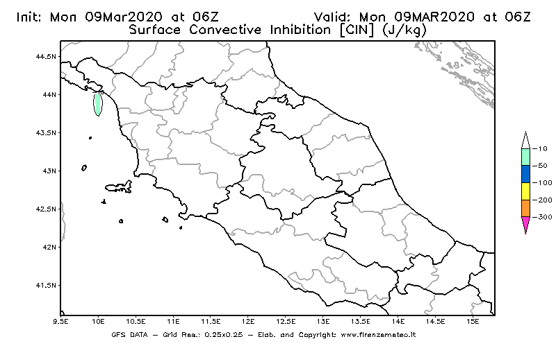 Mappa di analisi GFS - CIN [J/kg] in Centro-Italia
							del 09/03/2020 06 <!--googleoff: index-->UTC<!--googleon: index-->