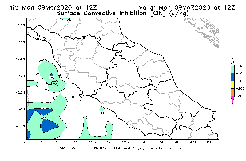 Mappa di analisi GFS - CIN [J/kg] in Centro-Italia
							del 09/03/2020 12 <!--googleoff: index-->UTC<!--googleon: index-->
