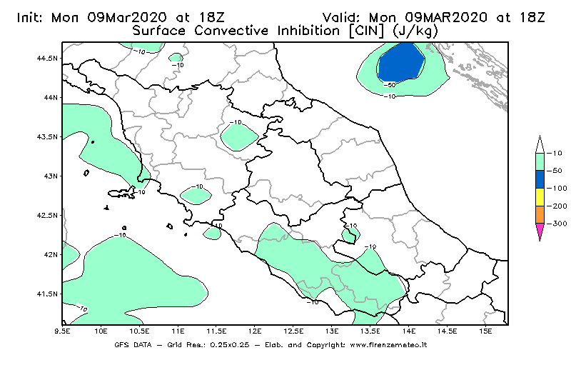 Mappa di analisi GFS - CIN [J/kg] in Centro-Italia
							del 09/03/2020 18 <!--googleoff: index-->UTC<!--googleon: index-->