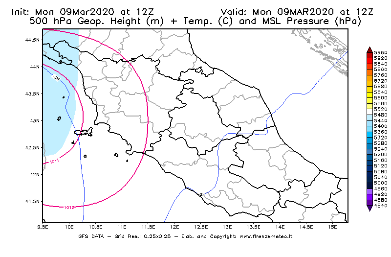 Mappa di analisi GFS - Geopotenziale [m] + Temp. [°C] a 500 hPa + Press. a livello del mare [hPa] in Centro-Italia
							del 09/03/2020 12 <!--googleoff: index-->UTC<!--googleon: index-->