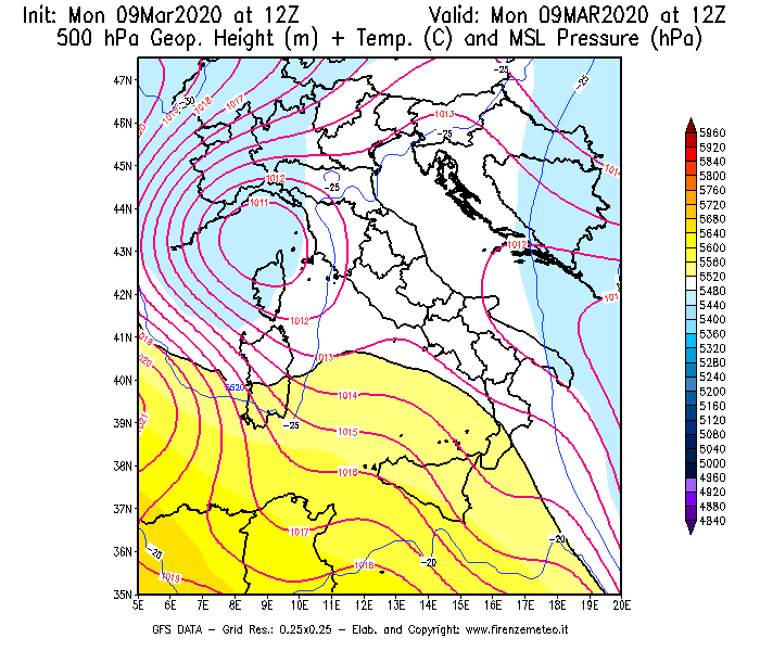 Mappa di analisi GFS - Geopotenziale [m] + Temp. [°C] a 500 hPa + Press. a livello del mare [hPa] in Italia
							del 09/03/2020 12 <!--googleoff: index-->UTC<!--googleon: index-->