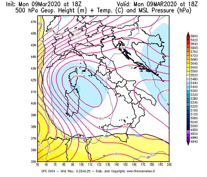 Mappa di analisi GFS - Geopotenziale [m] + Temp. [°C] a 500 hPa + Press. a livello del mare [hPa] in Italia
							del 09/03/2020 18 <!--googleoff: index-->UTC<!--googleon: index-->