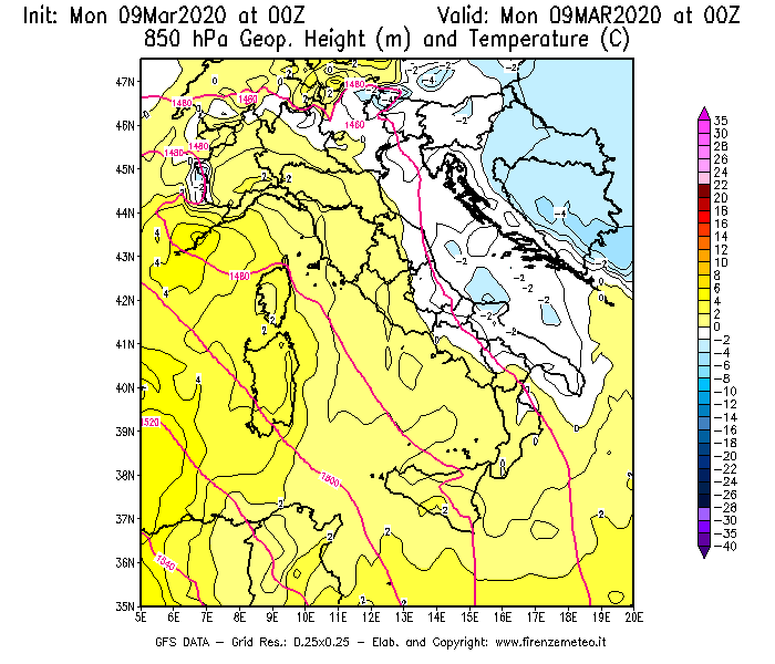 Mappa di analisi GFS - Geopotenziale [m] e Temperatura [°C] a 850 hPa in Italia
							del 09/03/2020 00 <!--googleoff: index-->UTC<!--googleon: index-->