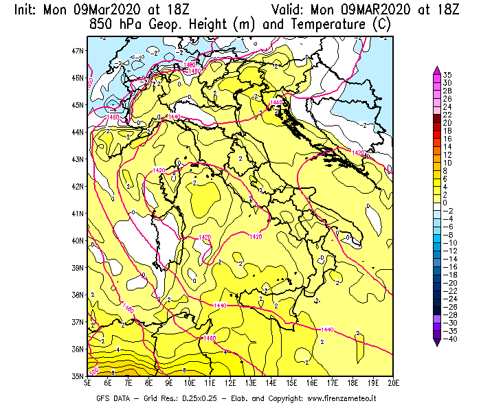 Mappa di analisi GFS - Geopotenziale [m] e Temperatura [°C] a 850 hPa in Italia
							del 09/03/2020 18 <!--googleoff: index-->UTC<!--googleon: index-->