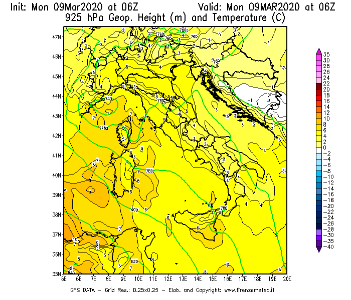 Mappa di analisi GFS - Geopotenziale [m] e Temperatura [°C] a 925 hPa in Italia
							del 09/03/2020 06 <!--googleoff: index-->UTC<!--googleon: index-->