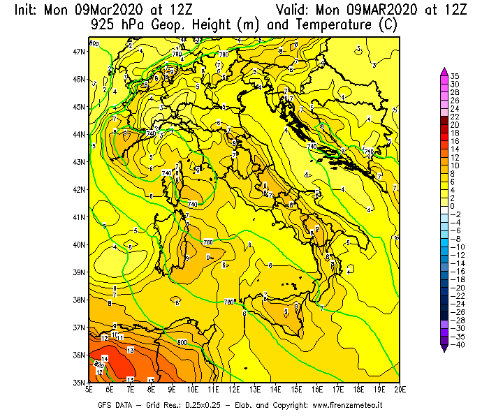 Mappa di analisi GFS - Geopotenziale [m] e Temperatura [°C] a 925 hPa in Italia
							del 09/03/2020 12 <!--googleoff: index-->UTC<!--googleon: index-->