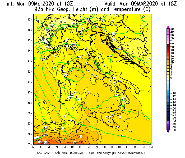 Mappa di analisi GFS - Geopotenziale [m] e Temperatura [°C] a 925 hPa in Italia
							del 09/03/2020 18 <!--googleoff: index-->UTC<!--googleon: index-->