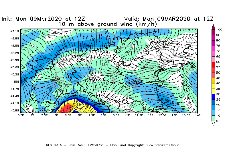 Mappa di analisi GFS - Velocità del vento a 10 metri dal suolo [km/h] in Nord-Italia
							del 09/03/2020 12 <!--googleoff: index-->UTC<!--googleon: index-->