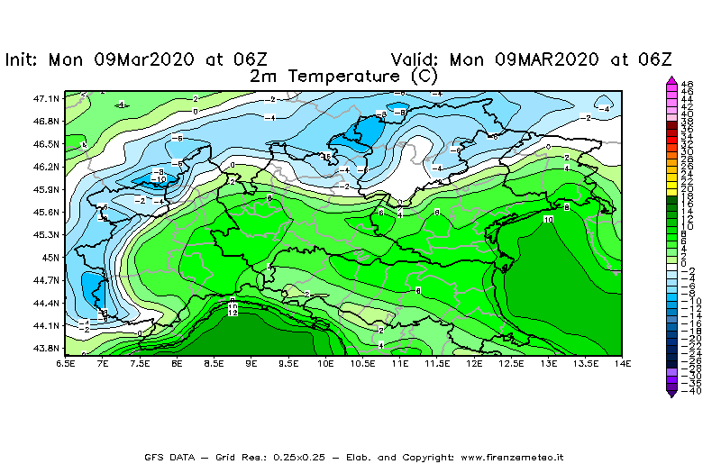 Mappa di analisi GFS - Temperatura a 2 metri dal suolo [°C] in Nord-Italia
							del 09/03/2020 06 <!--googleoff: index-->UTC<!--googleon: index-->