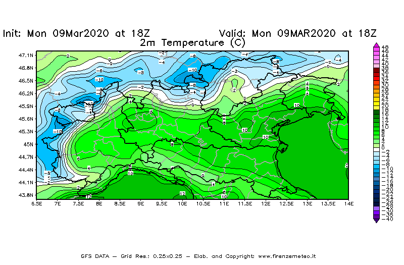 Mappa di analisi GFS - Temperatura a 2 metri dal suolo [°C] in Nord-Italia
							del 09/03/2020 18 <!--googleoff: index-->UTC<!--googleon: index-->
