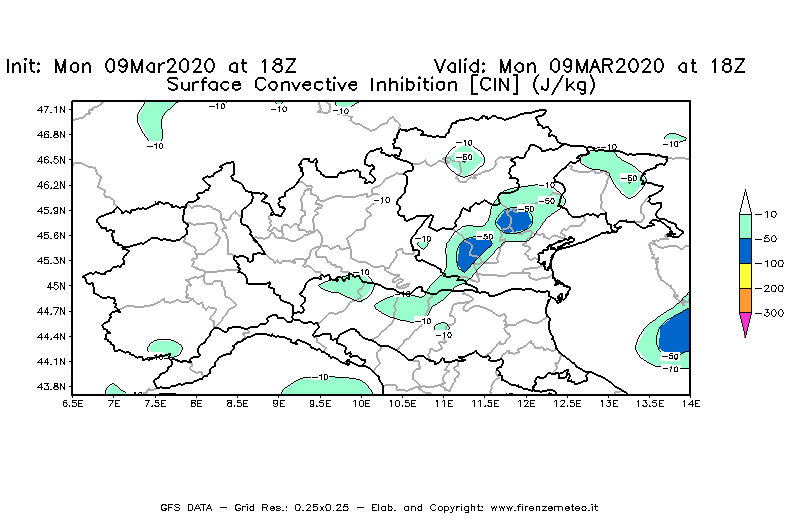 Mappa di analisi GFS - CIN [J/kg] in Nord-Italia
							del 09/03/2020 18 <!--googleoff: index-->UTC<!--googleon: index-->