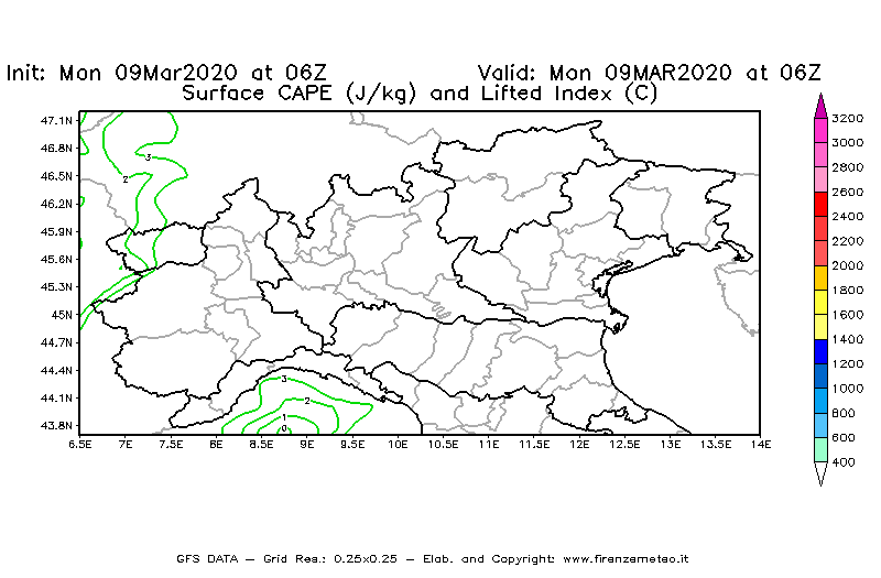 Mappa di analisi GFS - CAPE [J/kg] e Lifted Index [°C] in Nord-Italia
							del 09/03/2020 06 <!--googleoff: index-->UTC<!--googleon: index-->