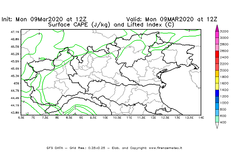 Mappa di analisi GFS - CAPE [J/kg] e Lifted Index [°C] in Nord-Italia
							del 09/03/2020 12 <!--googleoff: index-->UTC<!--googleon: index-->