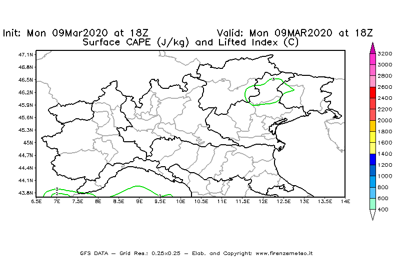 Mappa di analisi GFS - CAPE [J/kg] e Lifted Index [°C] in Nord-Italia
							del 09/03/2020 18 <!--googleoff: index-->UTC<!--googleon: index-->