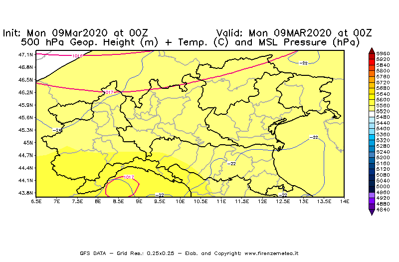 Mappa di analisi GFS - Geopotenziale [m] + Temp. [°C] a 500 hPa + Press. a livello del mare [hPa] in Nord-Italia
							del 09/03/2020 00 <!--googleoff: index-->UTC<!--googleon: index-->