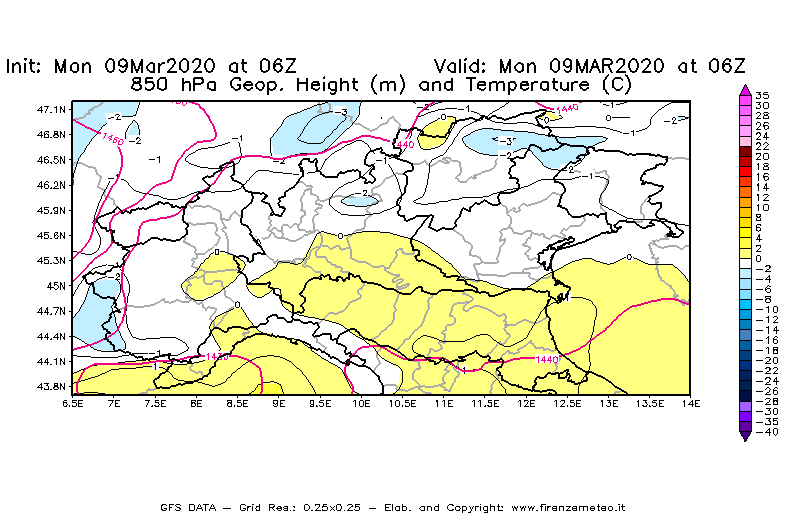 Mappa di analisi GFS - Geopotenziale [m] e Temperatura [°C] a 850 hPa in Nord-Italia
							del 09/03/2020 06 <!--googleoff: index-->UTC<!--googleon: index-->