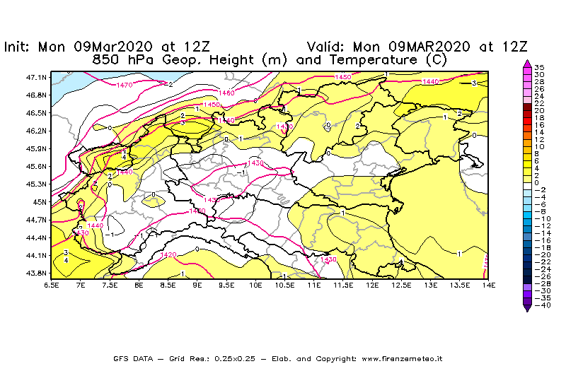 Mappa di analisi GFS - Geopotenziale [m] e Temperatura [°C] a 850 hPa in Nord-Italia
							del 09/03/2020 12 <!--googleoff: index-->UTC<!--googleon: index-->